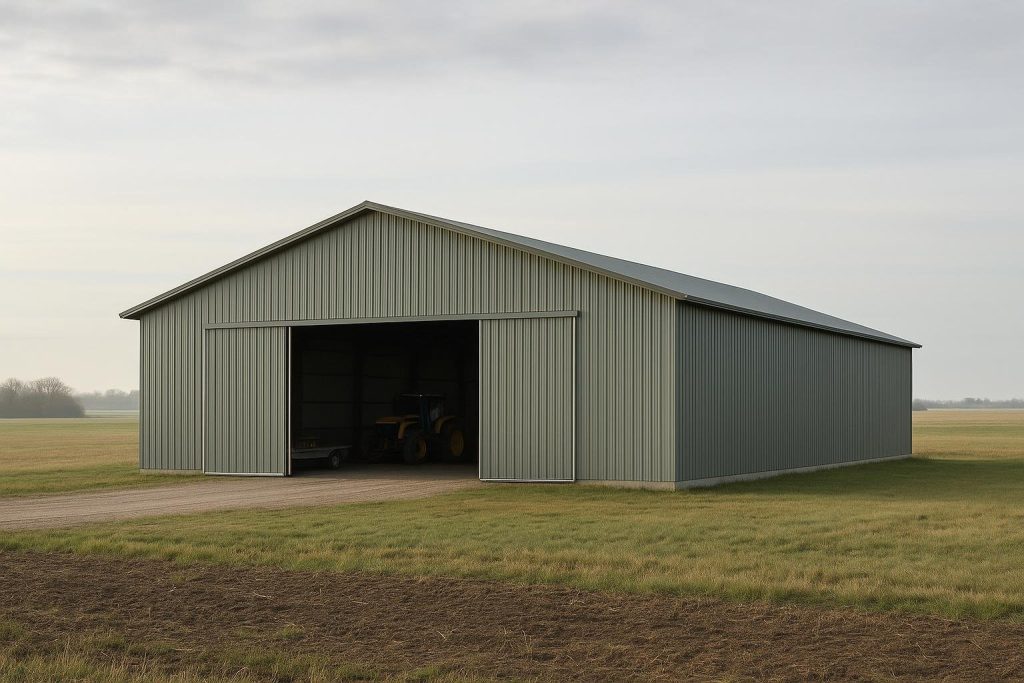 Wide clear-span pre-engineered metal building on a Canadian farm under blue sky