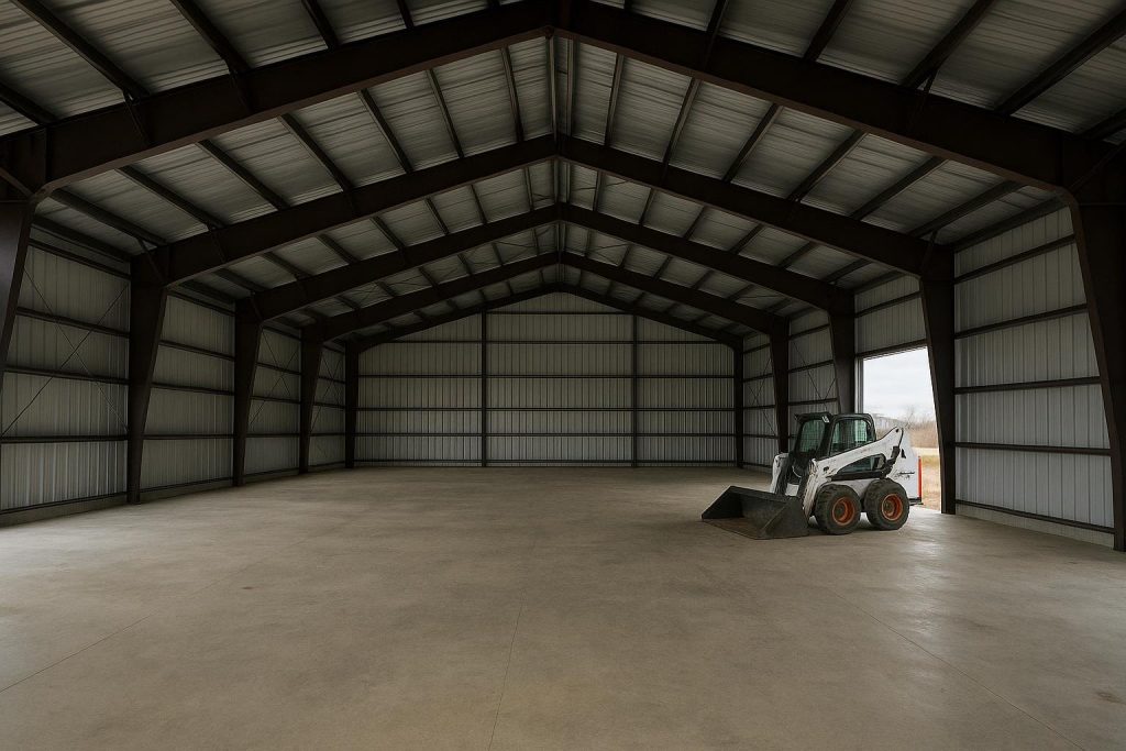 Clear-span steel building interior showing open structural frame and roof panels