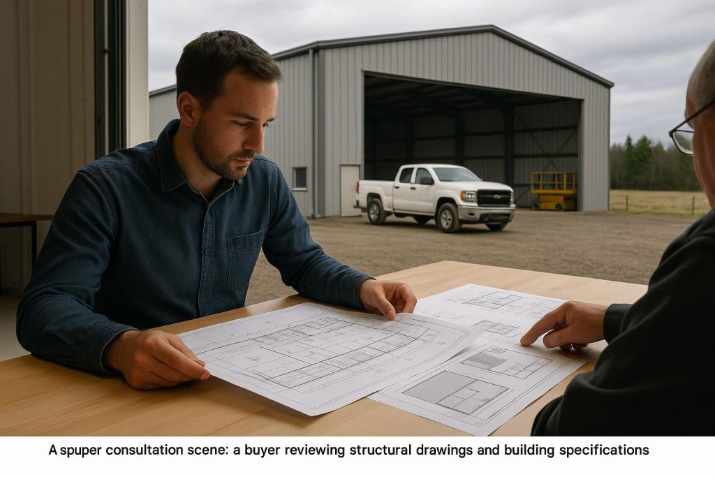 Buyer reviewing steel building structural drawings with supplier representative