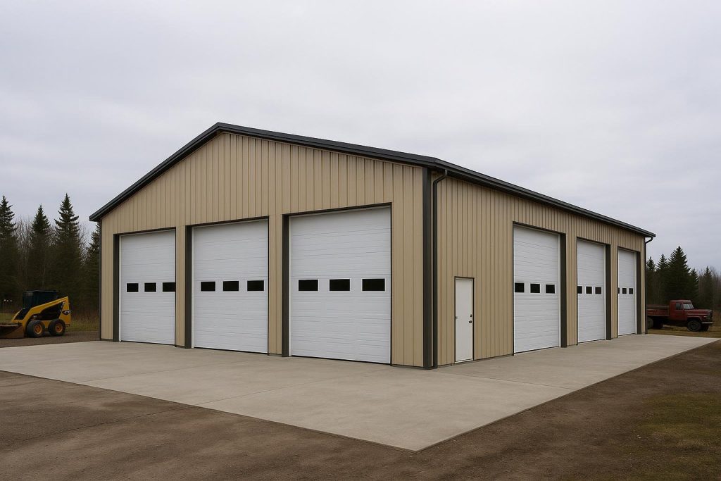 Pre-engineered steel garage building with multiple overhead doors on concrete apron