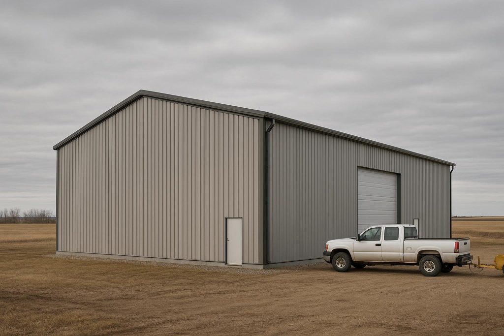Large prefab metal building with rigid steel frame on Canadian prairie site