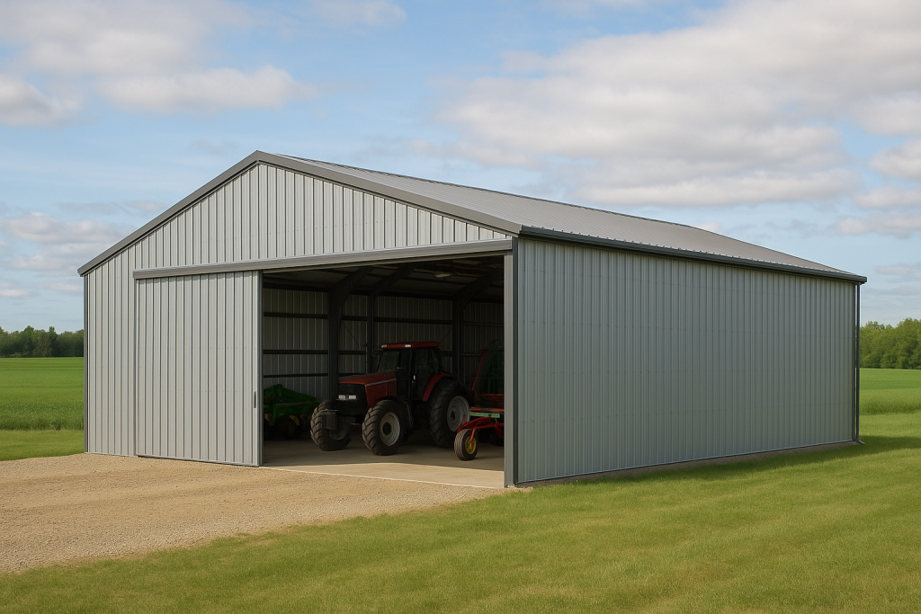 Completed steel agricultural building with wide sliding door open on a Canadian farm