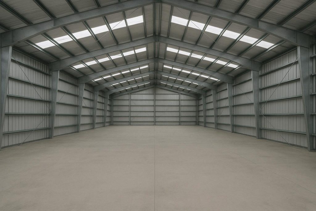 Interior view of a clear-span steel building showing rigid frames, purlins and girts