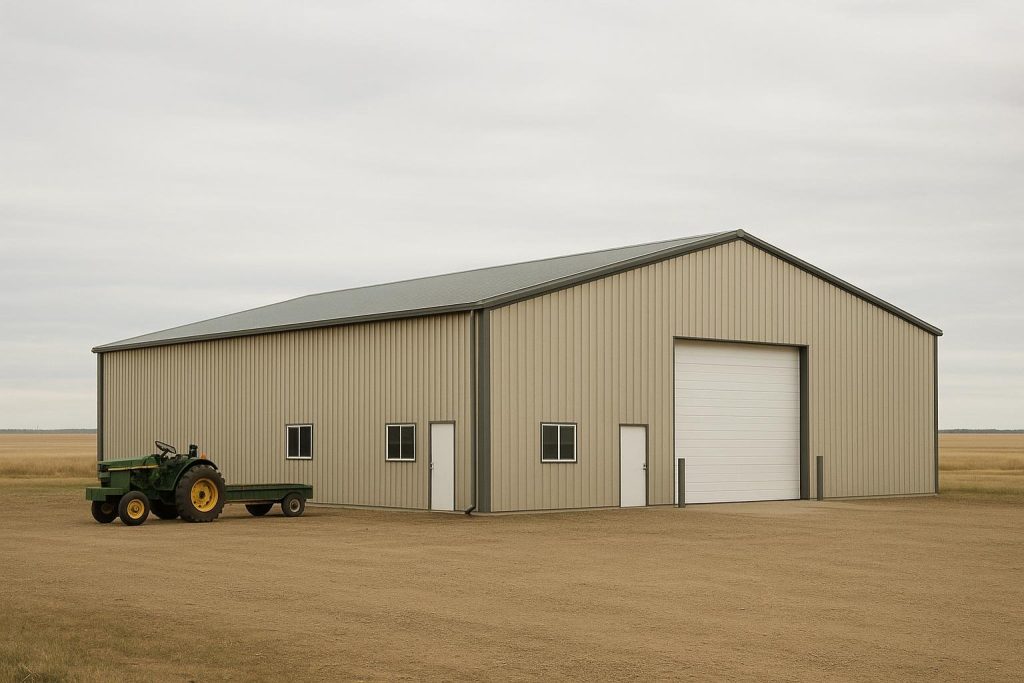 Large pre-engineered steel building on Alberta Peace Country prairie landscape