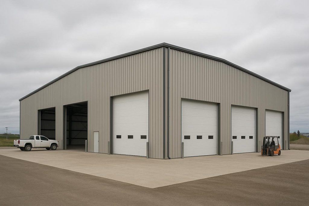 Large pre-engineered steel manufacturing plant building with clear-span roof