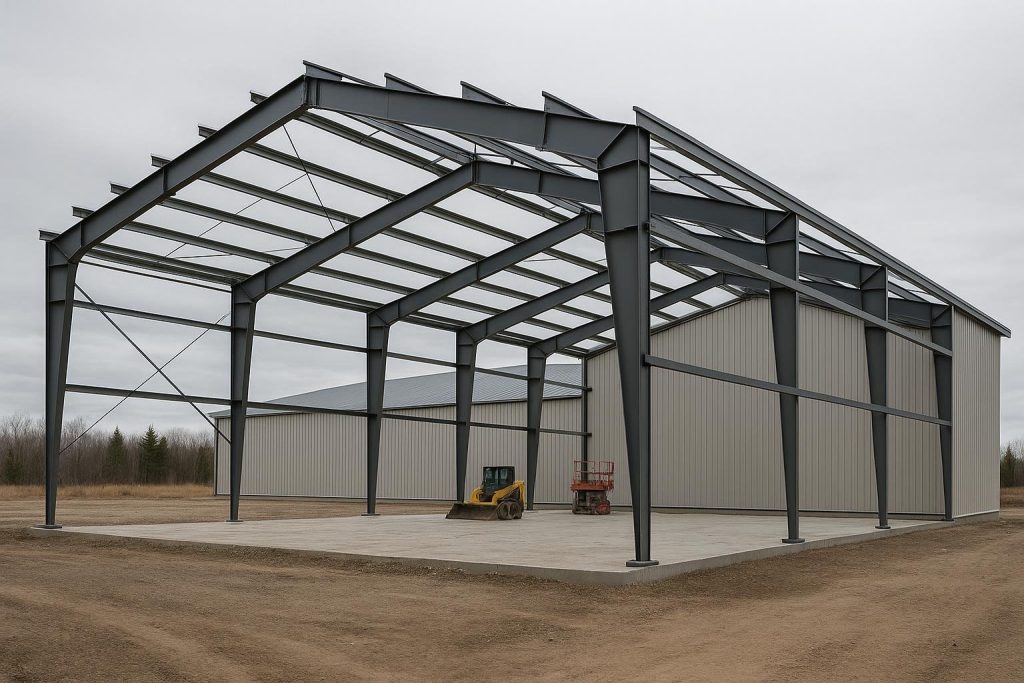 Pre-engineered steel frame building with rigid columns and metal cladding panels