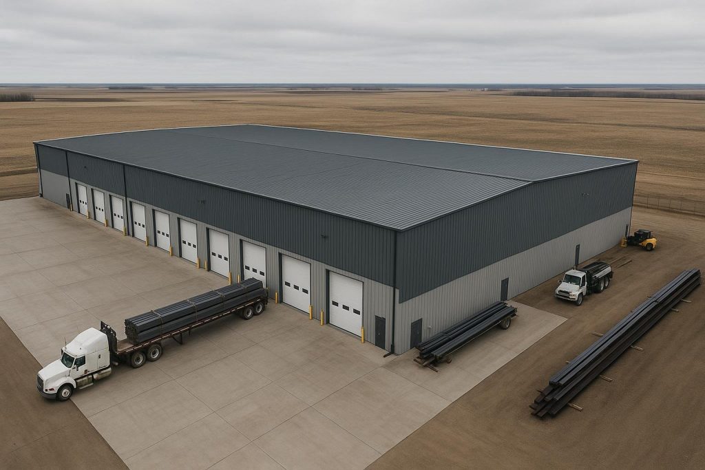 Aerial view steel distribution warehouse Alberta dock bays and truck court