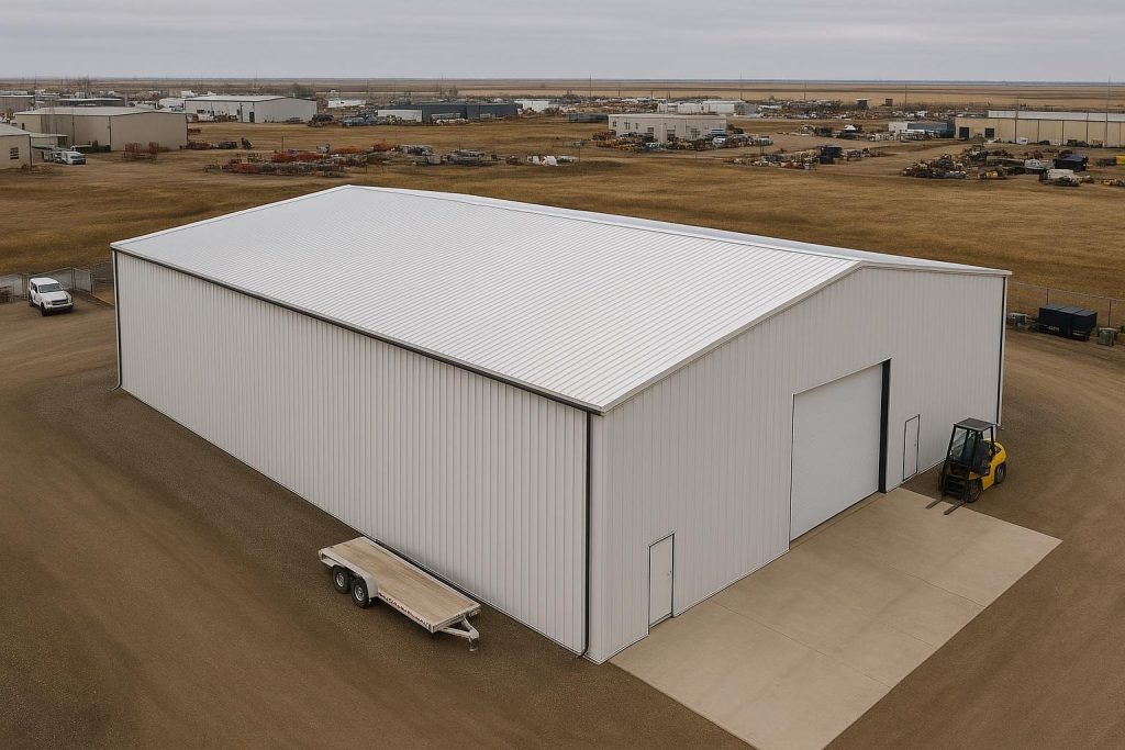 Aerial view of steel industrial warehouse on flat Prairie industrial lot