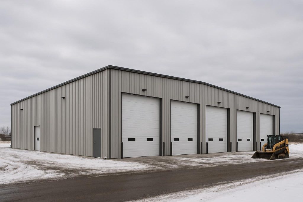 Clear-span steel warehouse with overhead doors in an Alberta industrial park