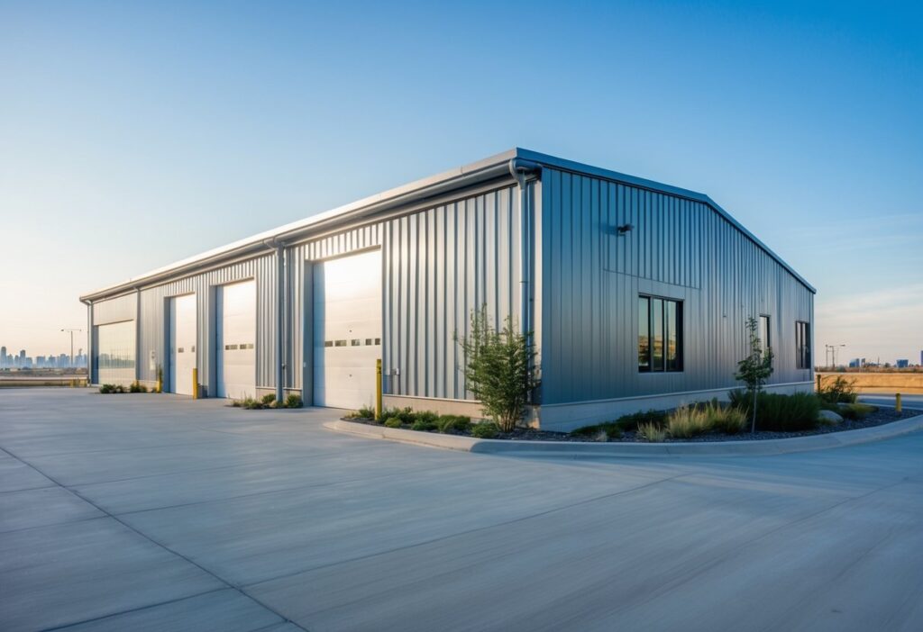 A modern prefabricated metal building in Edmonton under a clear blue sky with a paved area and greenery around it.