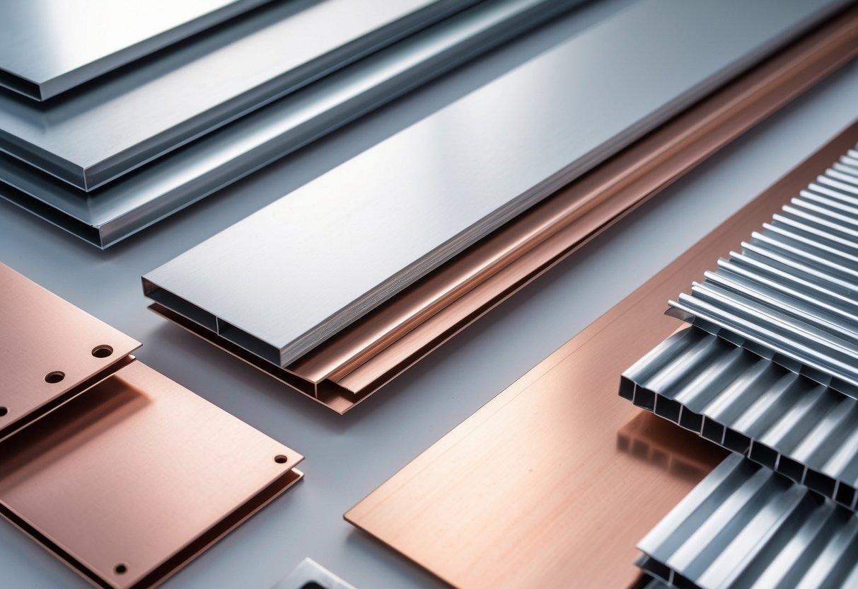 Close-up view of various metal samples including steel, aluminum, copper, and galvanized metal arranged on a light surface.