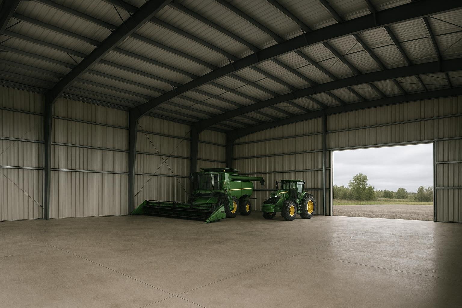 Clear-span interior of a steel farm building with wide open storage space