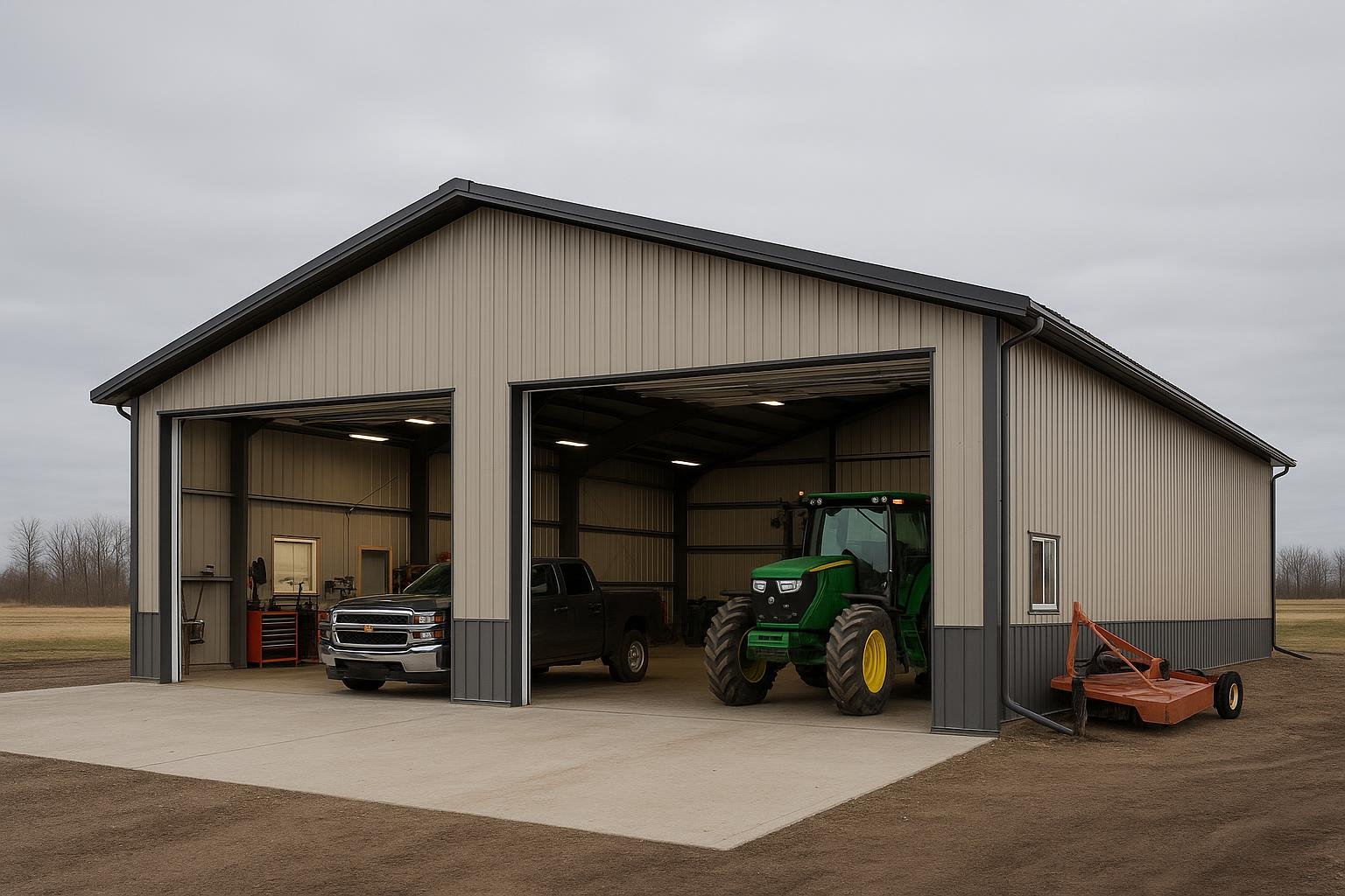 Multi-use steel farm shop with heated workshop and equipment storage bays