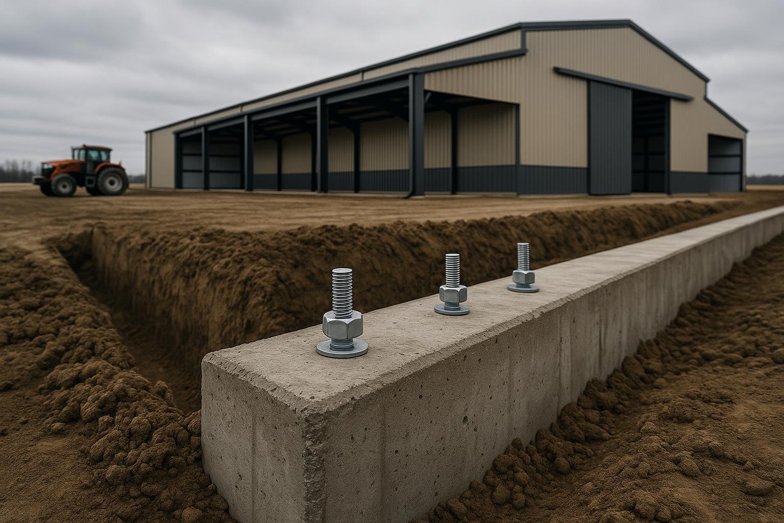 Concrete grade beam foundation with anchor bolts for a steel farm building