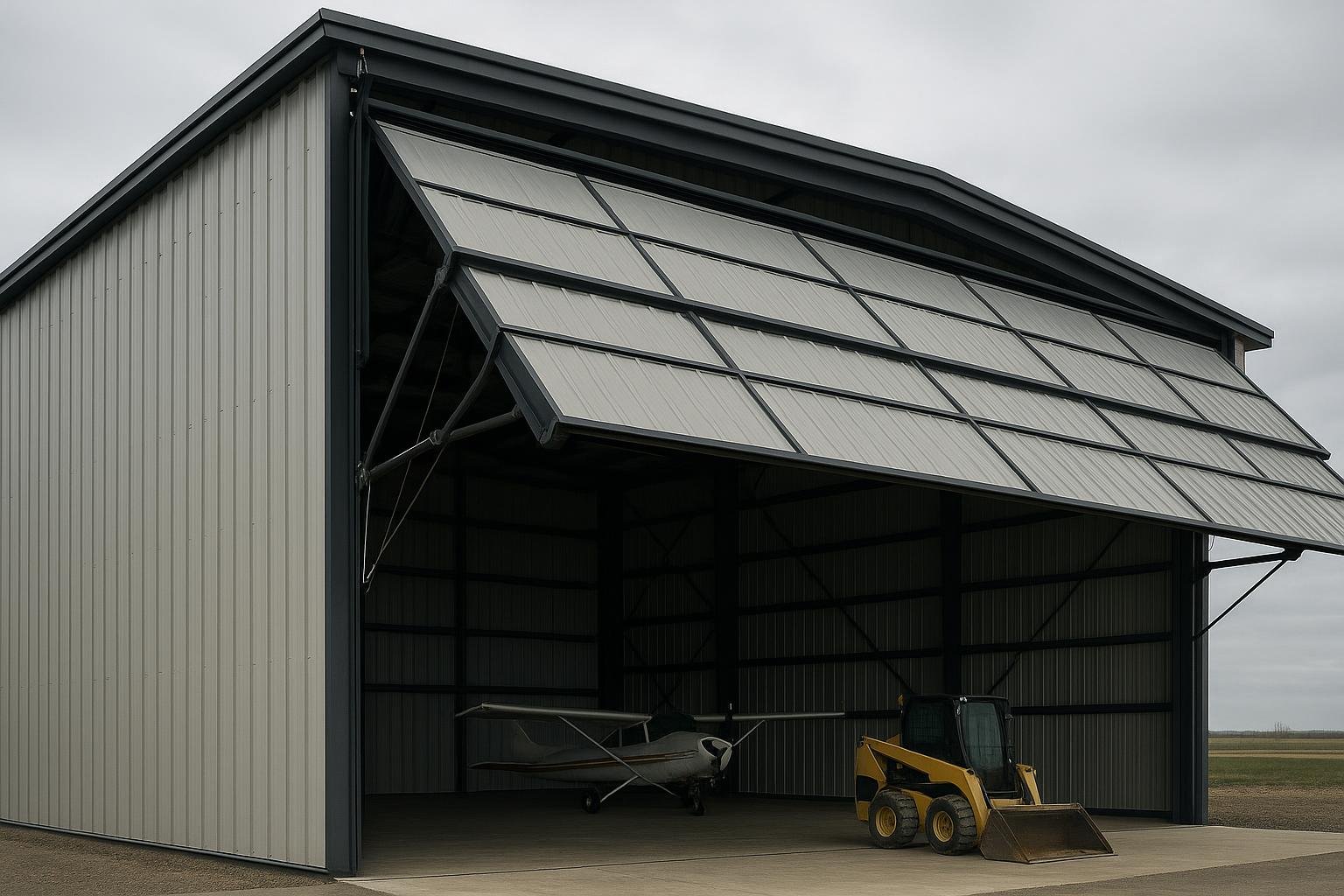 Bi-fold hydraulic door system on a pre-engineered steel airplane hangar