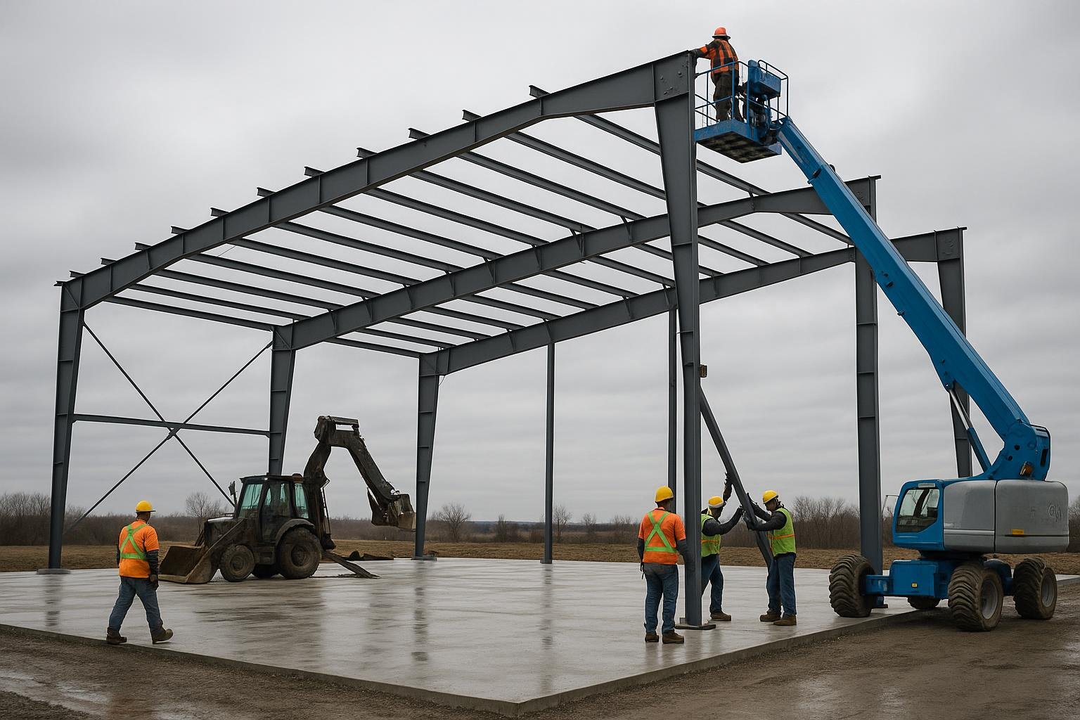 Steel airplane hangar primary frame erection on concrete foundation Canada