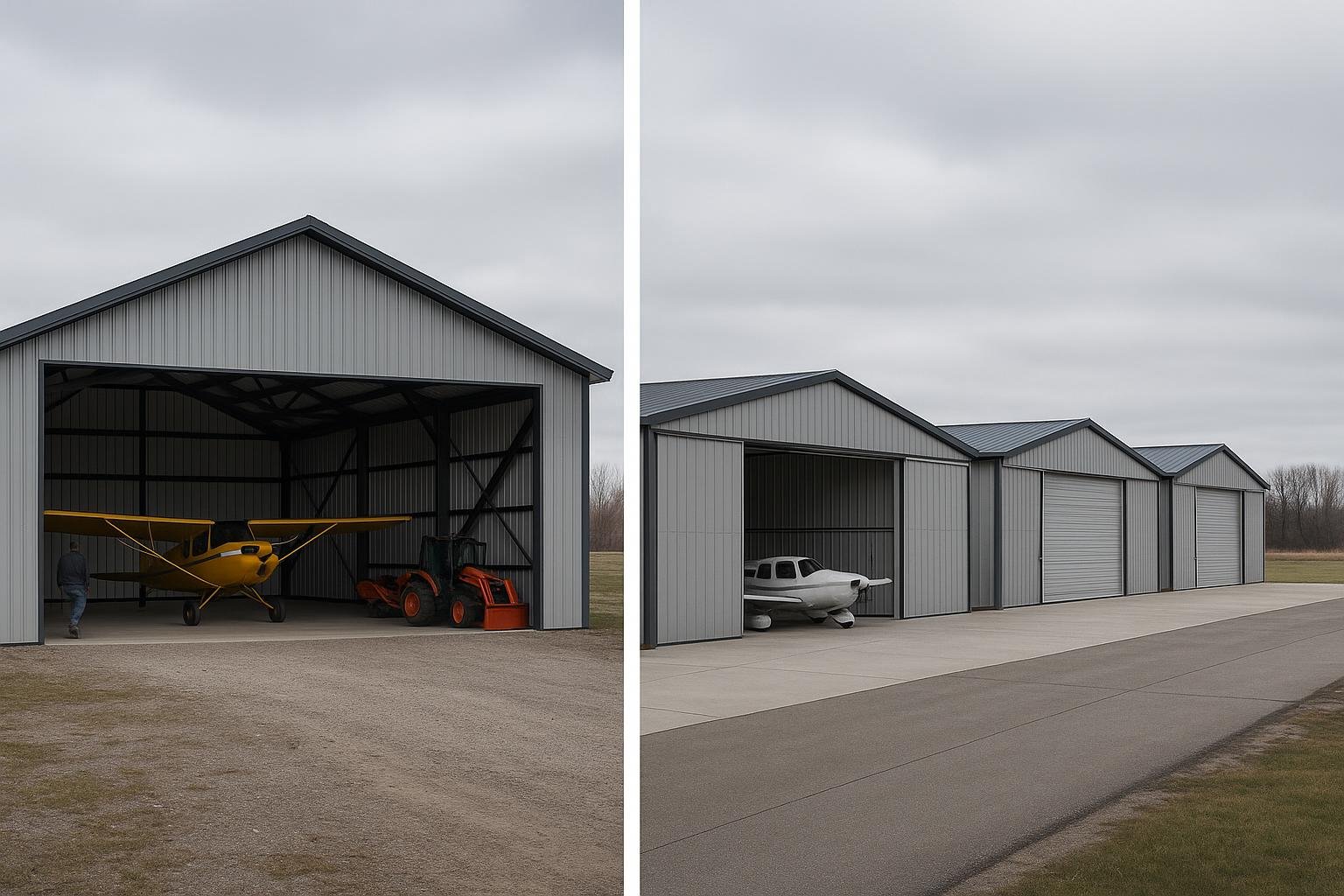 Comparison diagram of PEMB rigid frame hangar versus T-hangar row layout