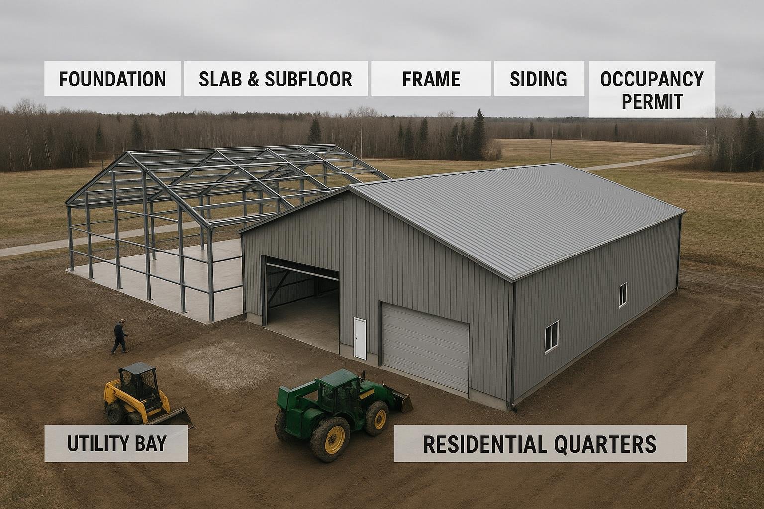 Barndominium construction phase diagram from foundation to occupancy permit