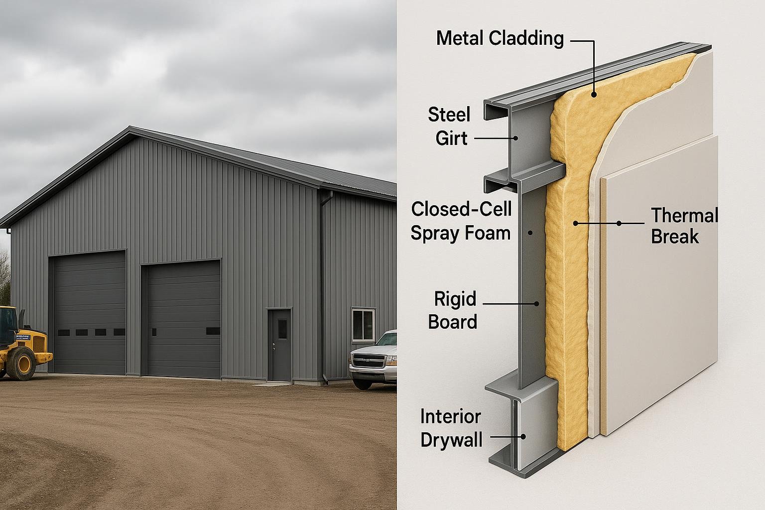Cross-section diagram of steel barndominium wall insulation layers and thermal break