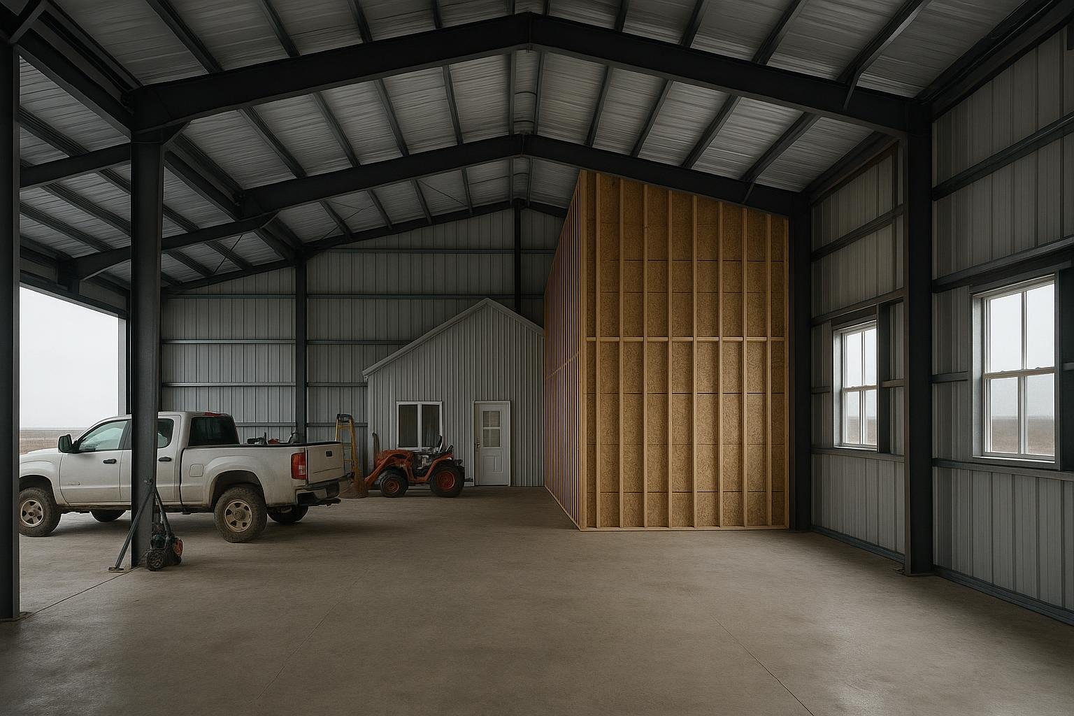 Clear-span steel frame interior of a barndominium utility bay and living partition