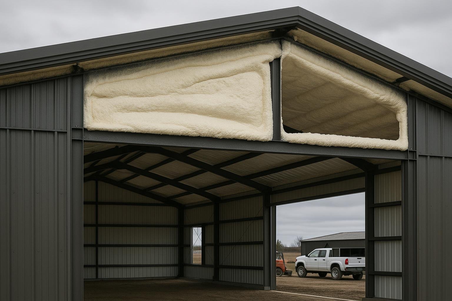 Spray foam insulation applied to steel purlins inside a barndominium shell