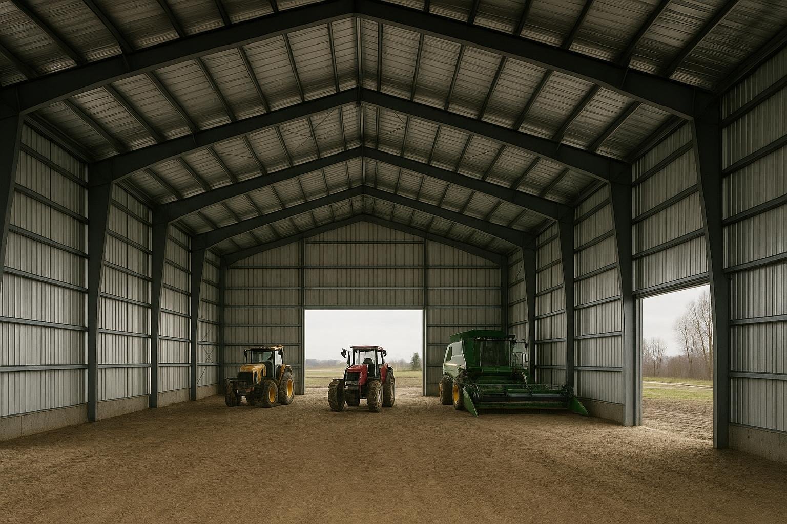 Clear-span steel agricultural building interior with open floor space