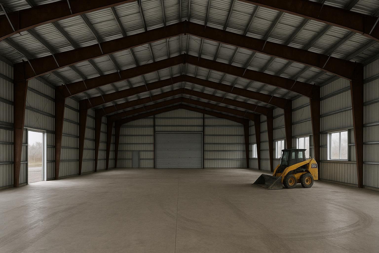 Clear span steel building interior with open warehouse floor area