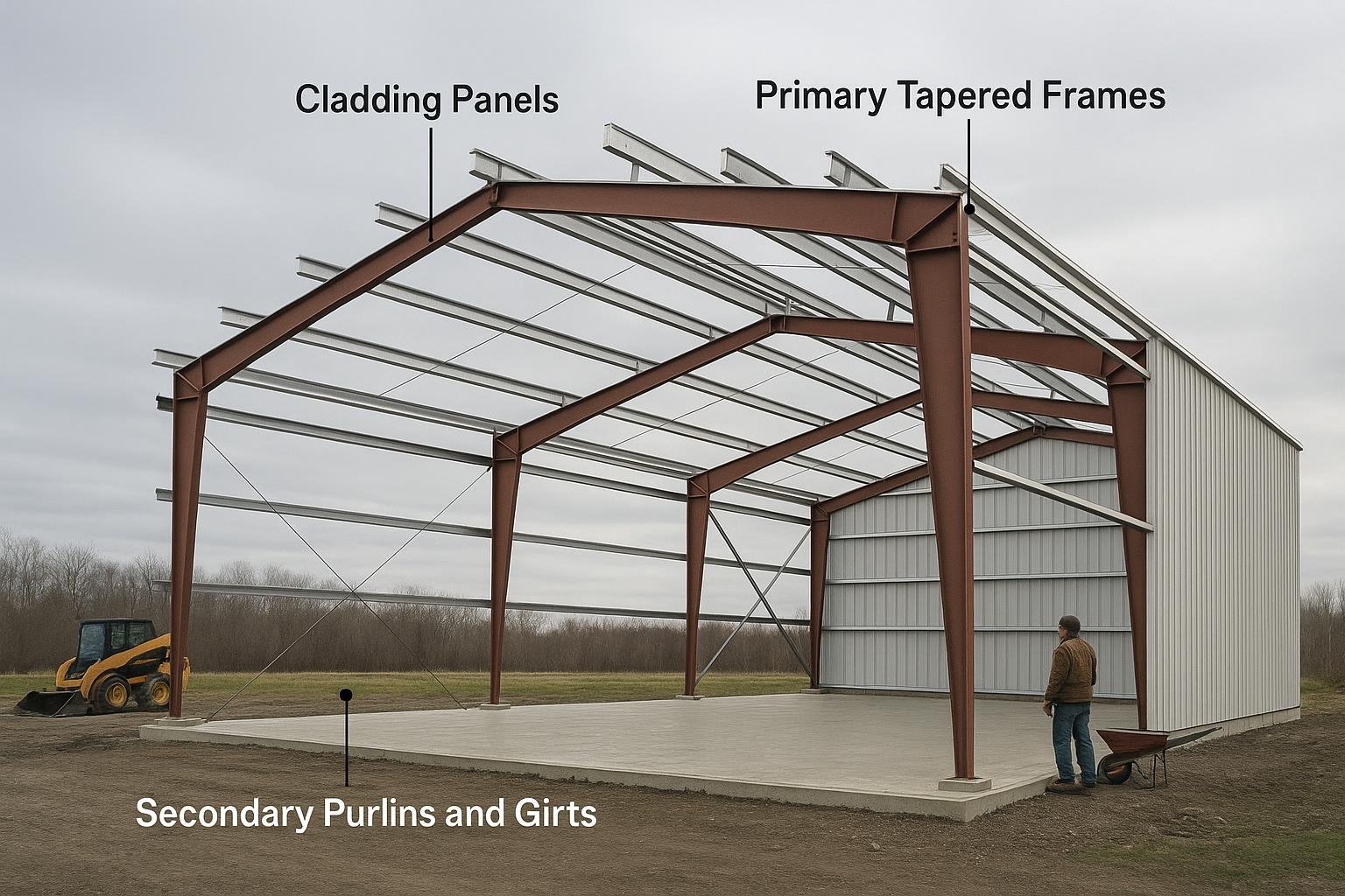 Diagram of rigid clear-span steel frame components including purlins and girts