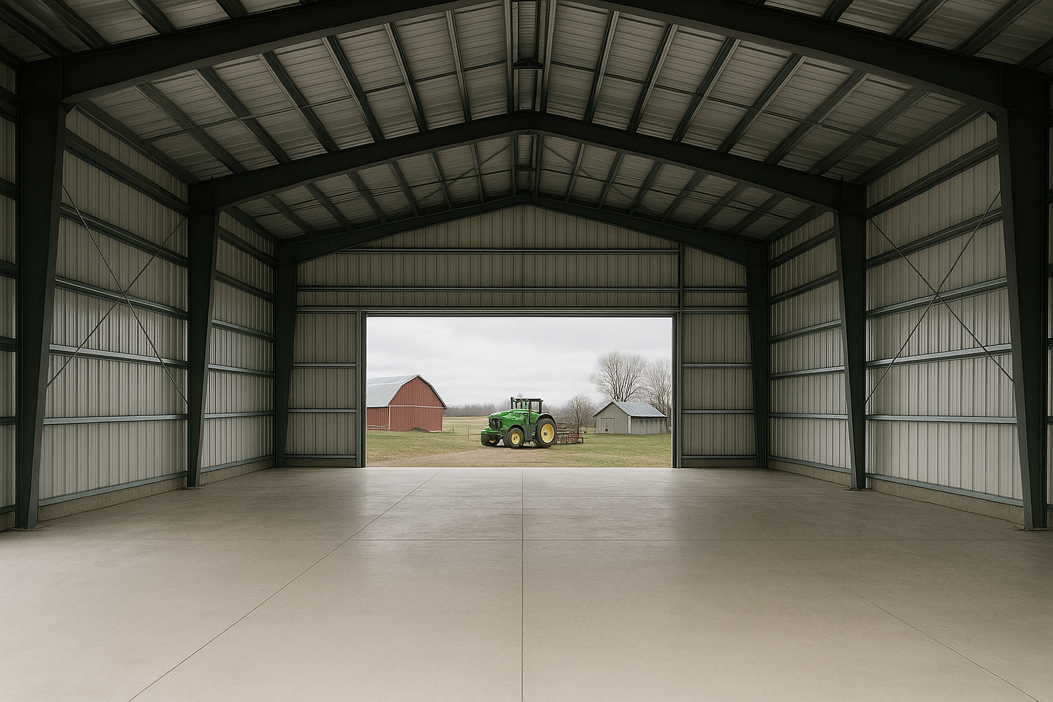 Interior of a clear-span steel building showing unobstructed equipment storage lanes on a farm