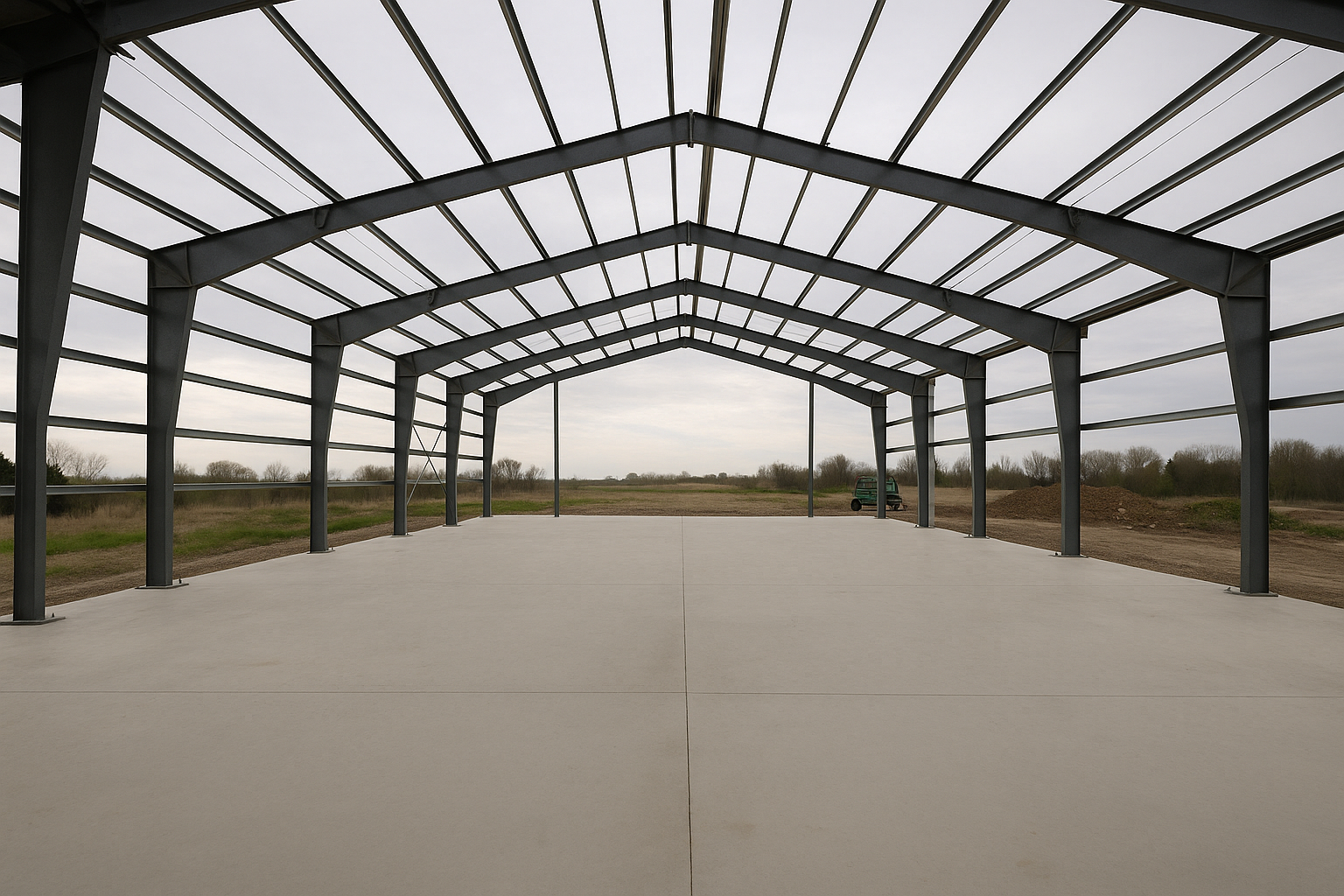 Interior of a clear-span steel warehouse frame showing rafters purlins and open floor space
