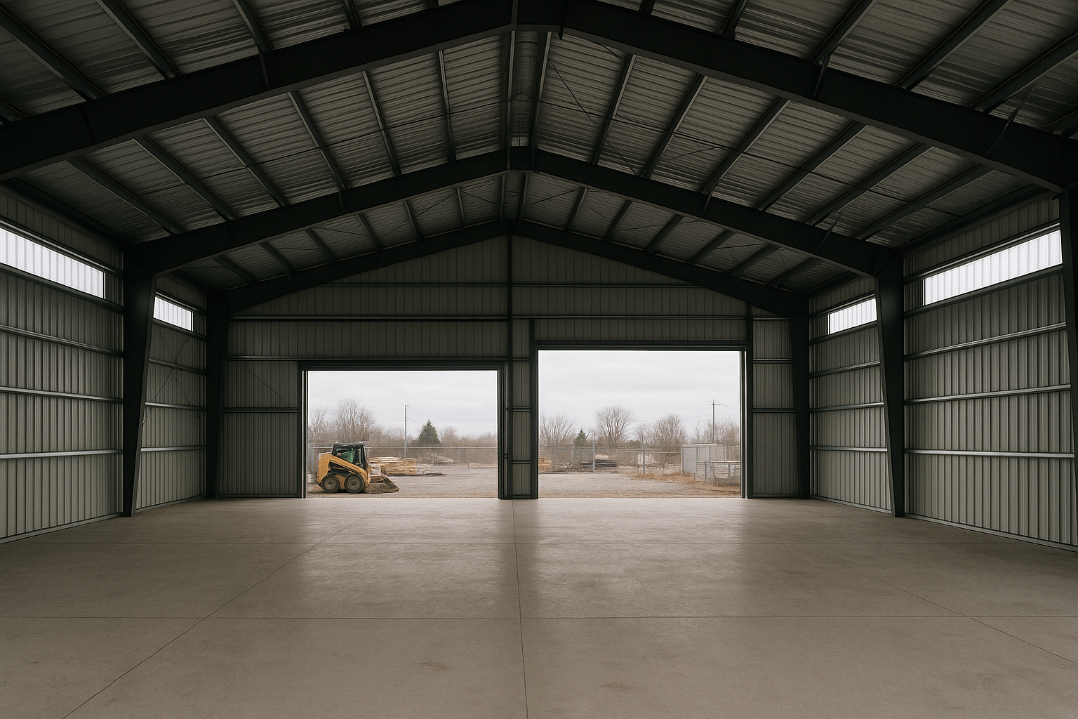 Interior of a clear-span steel building showing column-free space suitable for automotive use