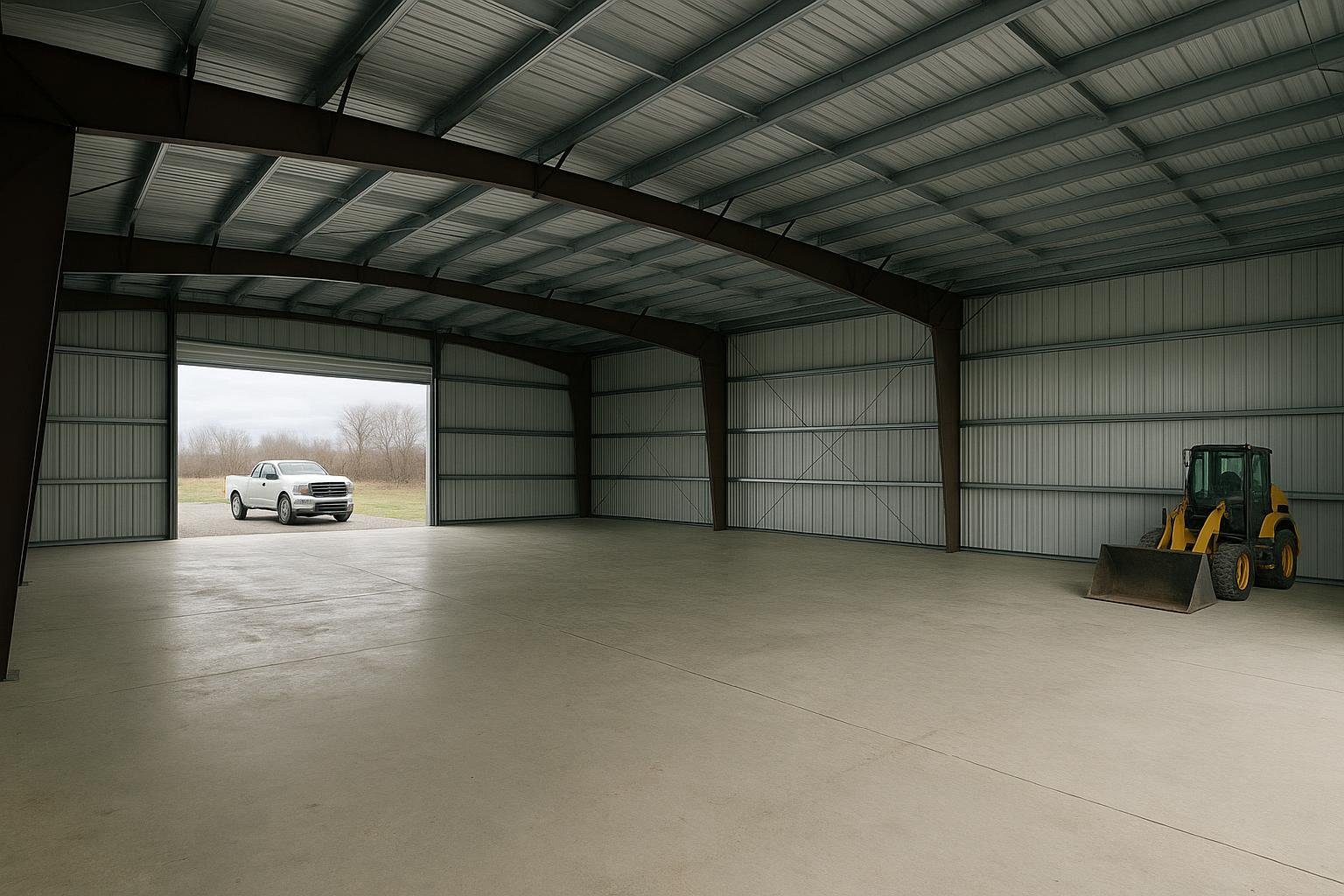 Clear-span steel garage interior with rigid frame and open vehicle bay