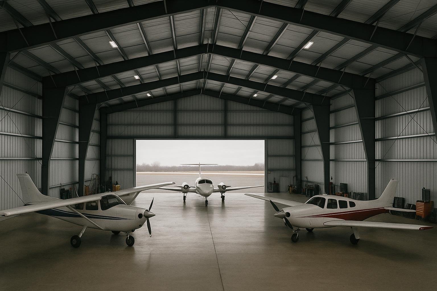 Clear-span steel hangar interior showing column-free space for aircraft