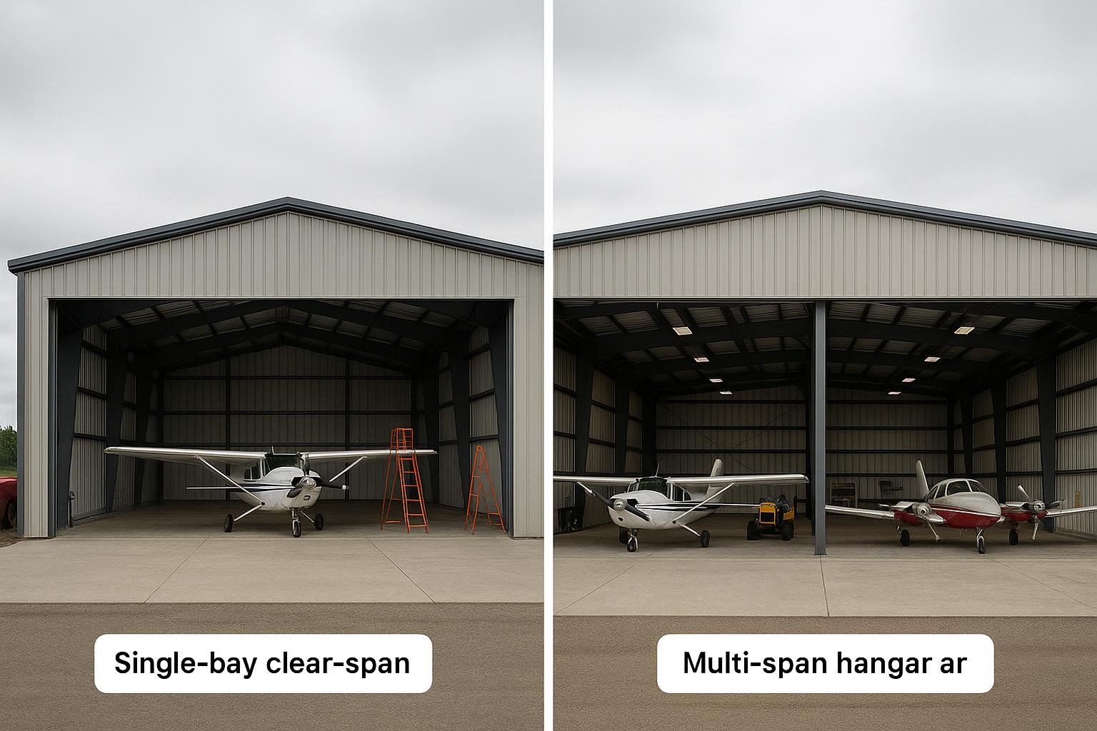 Comparison diagram of clear-span and multi-span steel airplane hangars