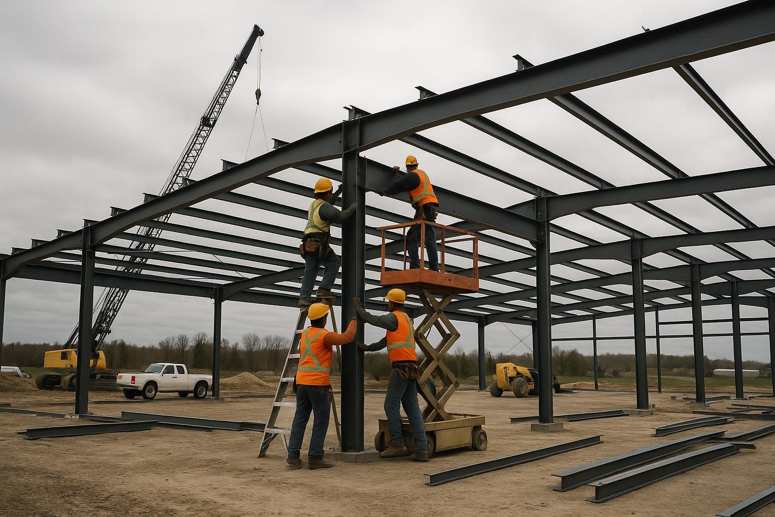 Steel erection crew assembling primary frame columns on an Ontario commercial site