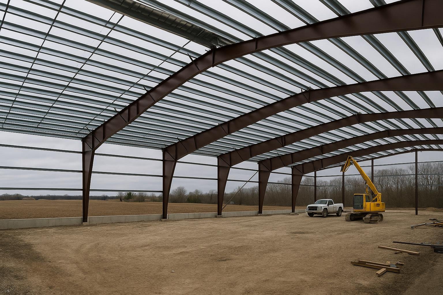 Interior rigid frame and purlins of a commercial steel building under construction