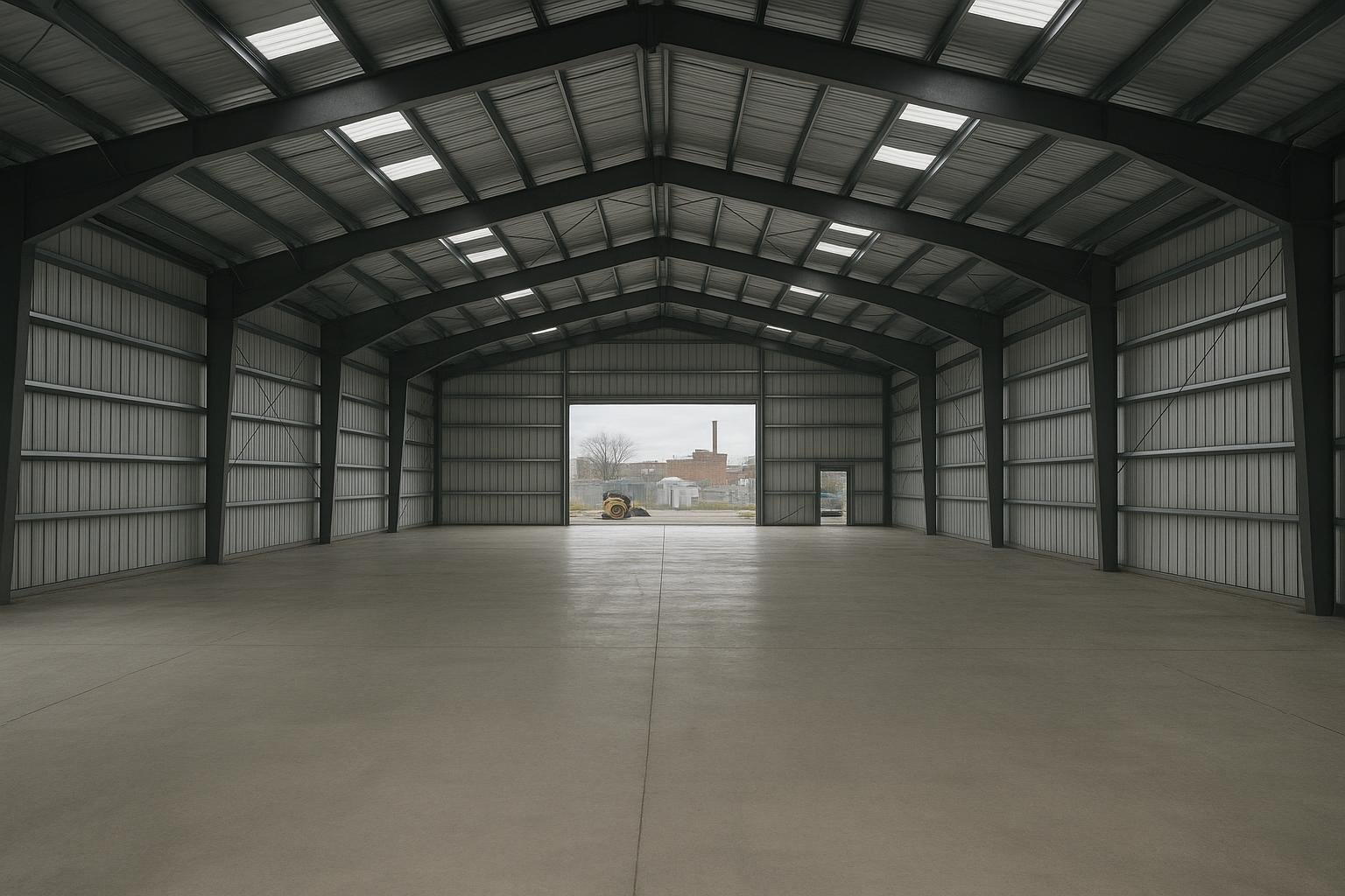 Clear-span interior of a commercial steel warehouse showing purlins girts and open floor space
