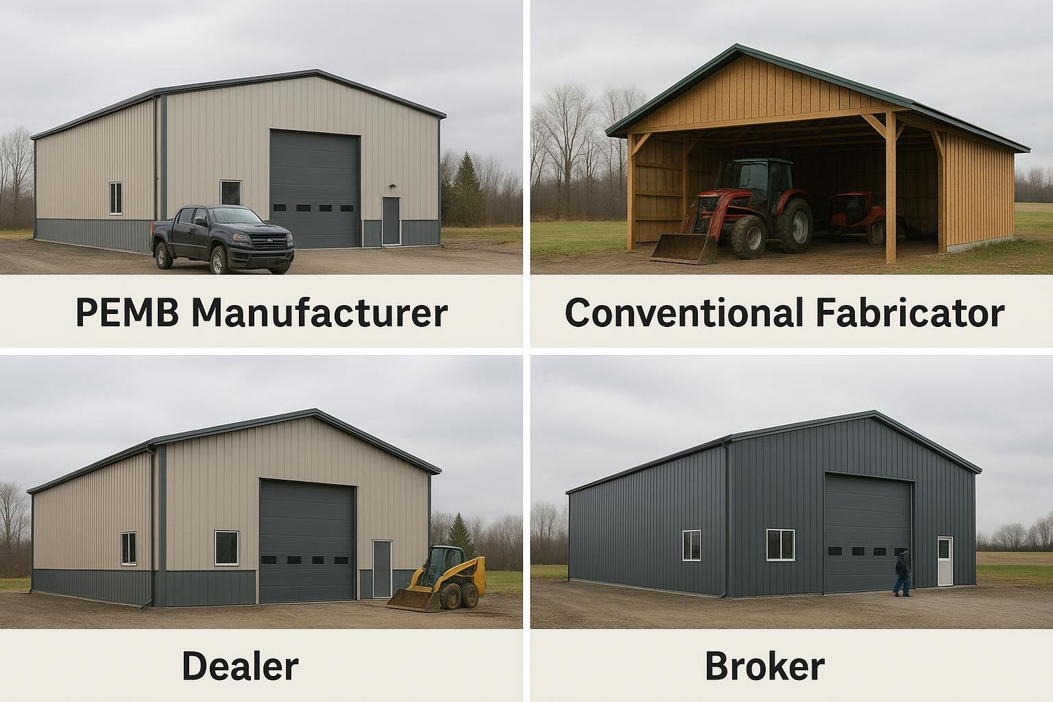 Diagram comparing six types of Canadian farm building suppliers side by side