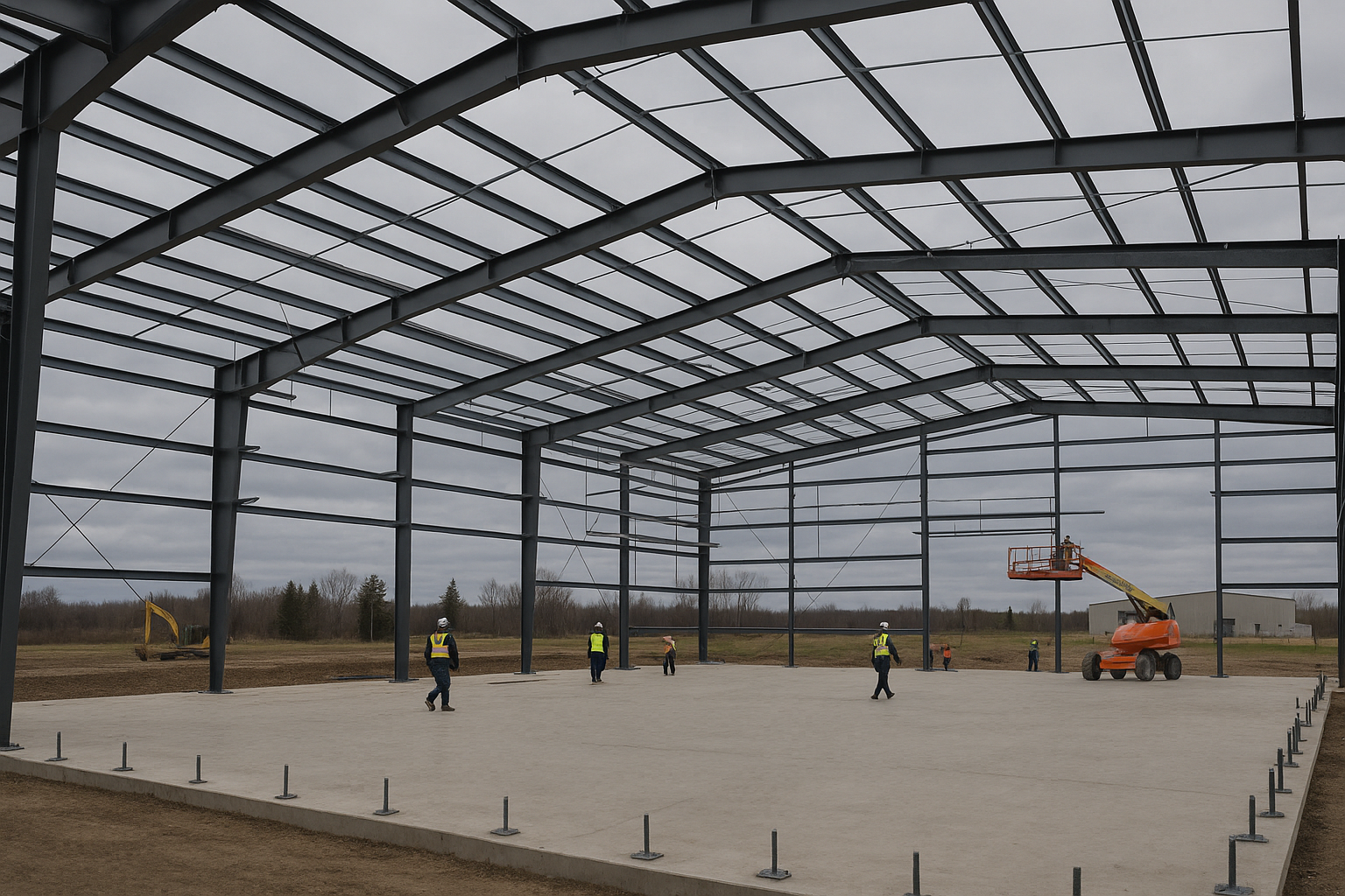 Steel rigid frame columns and rafters being erected inside a hangar under construction