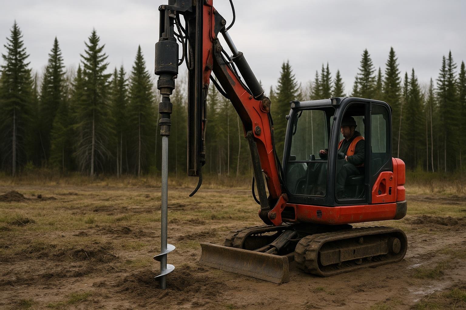 Hydraulic drive head installing a helical screw pile on a soft-soil Canadian building site