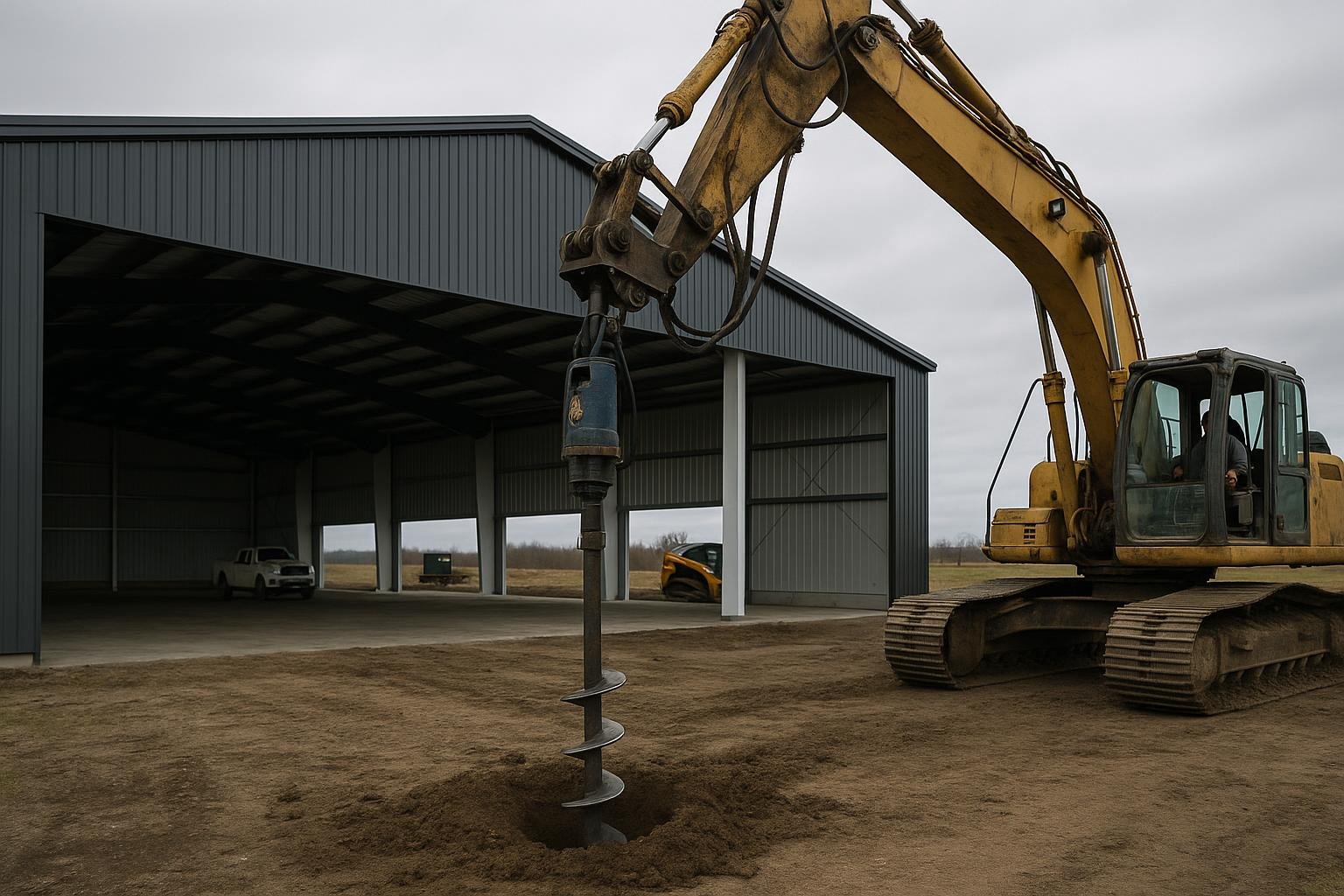 Helical pile installation with hydraulic torque drive at Canadian building site