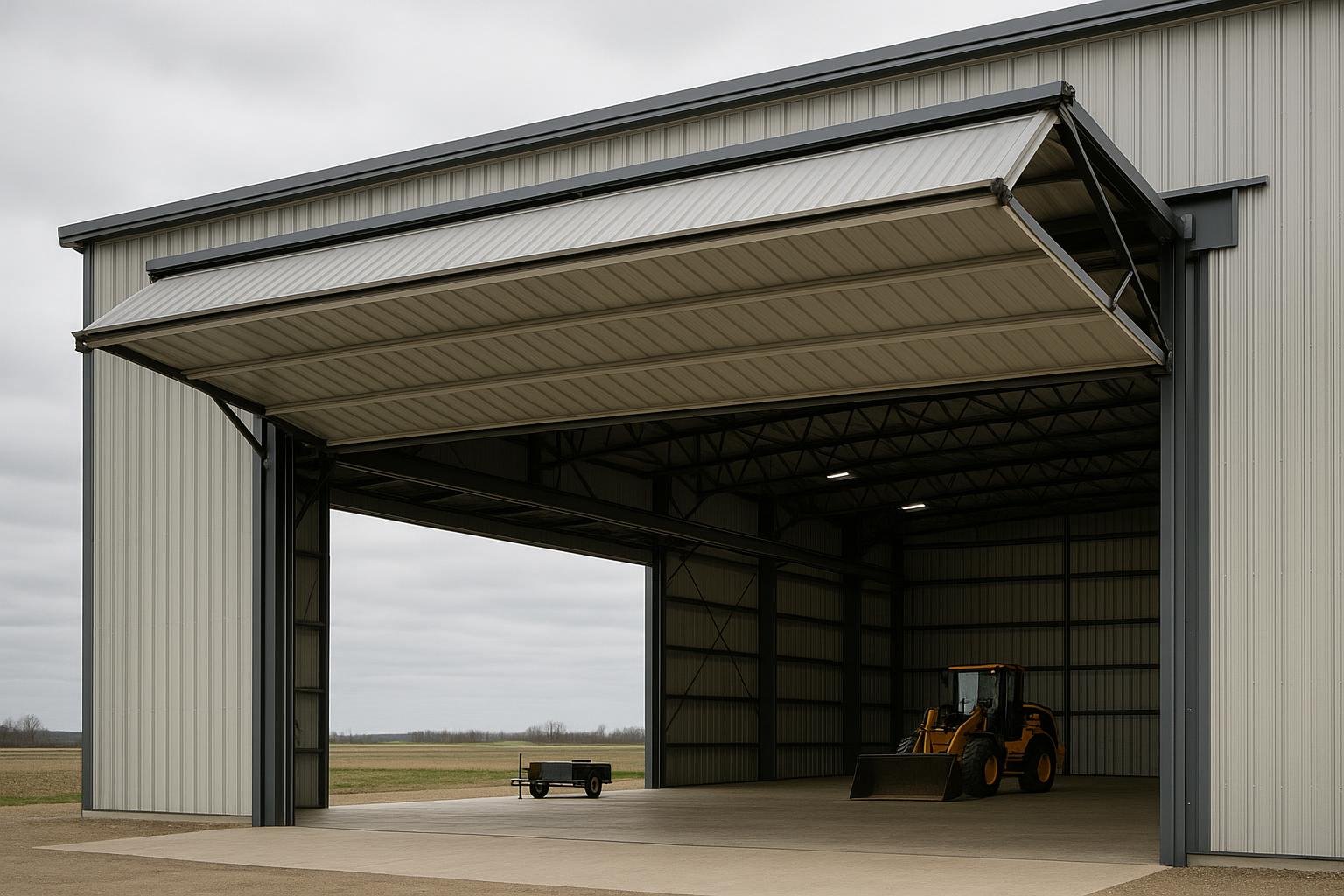 Hydraulic bi-fold hangar door open showing folded panels and header beam