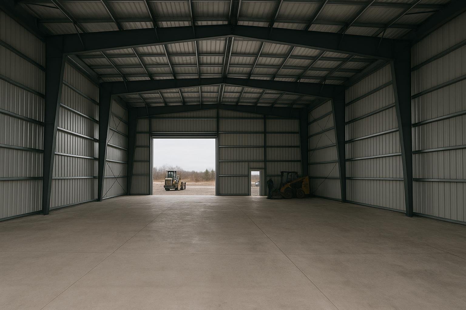 Clear-span interior of an industrial steel building with high eave height