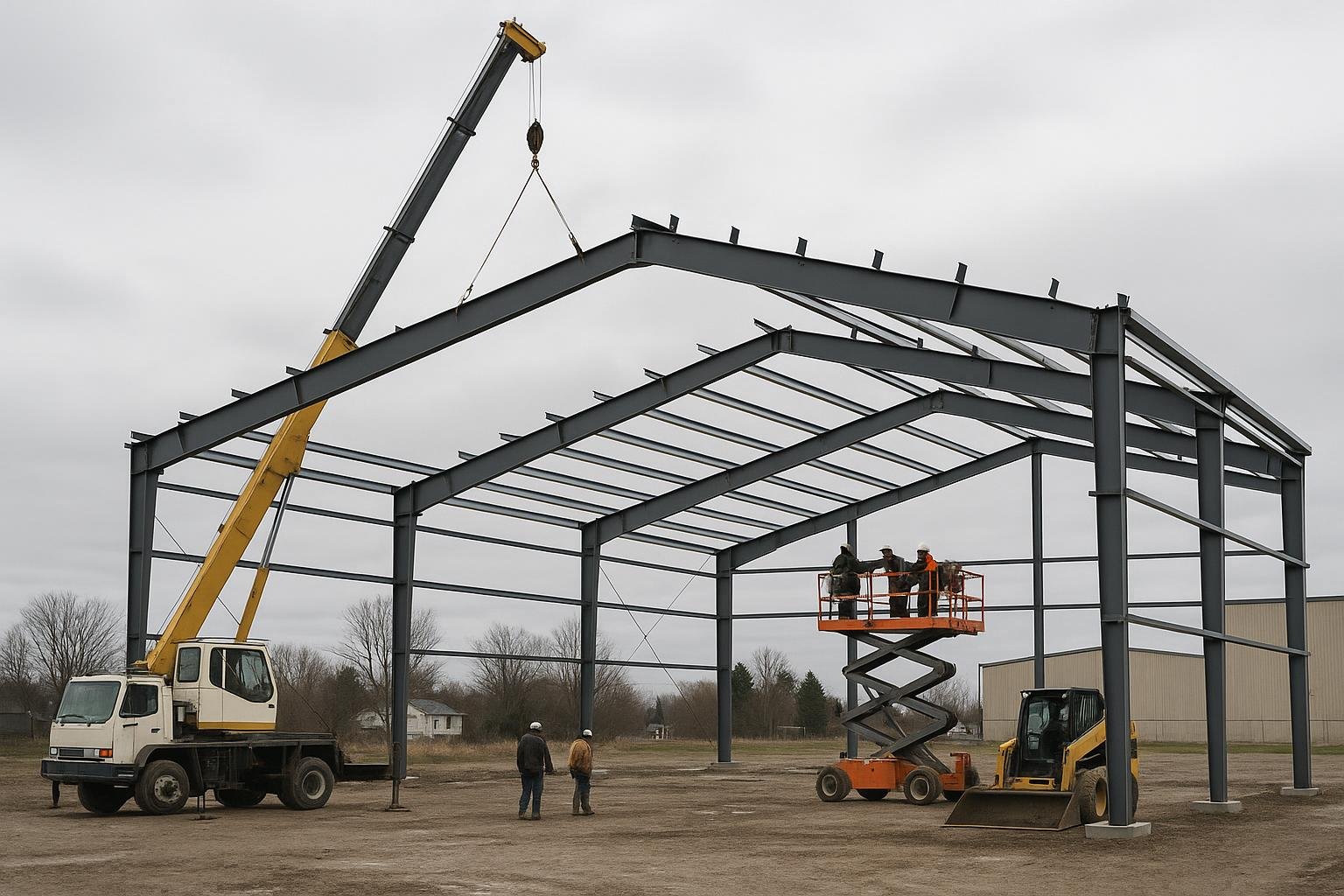 Steel building erection crew bolting rigid frame sections with crane Ontario