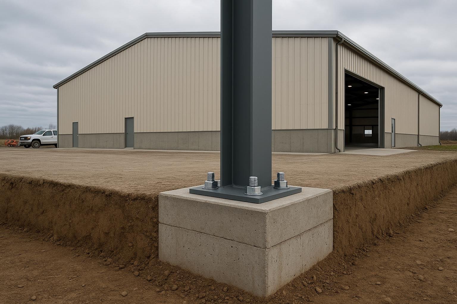 Steel building foundation with anchor bolts and frost-depth concrete footings Ontario