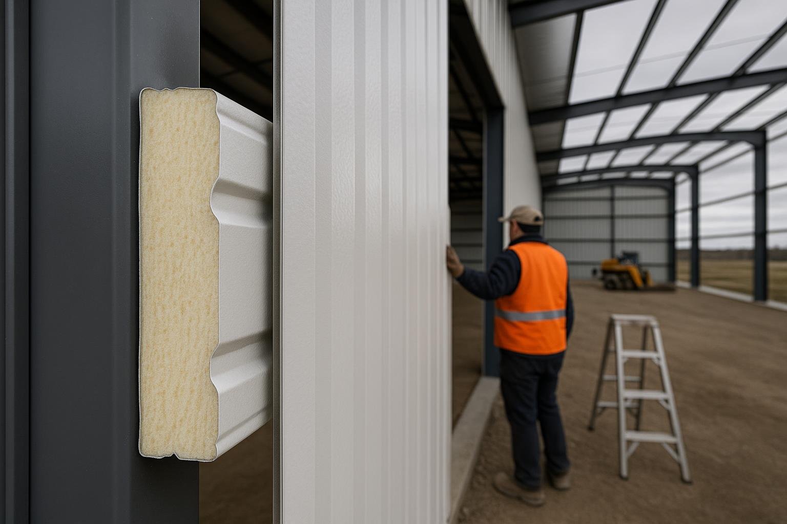 Insulated metal panel cladding installation on a commercial steel building wall