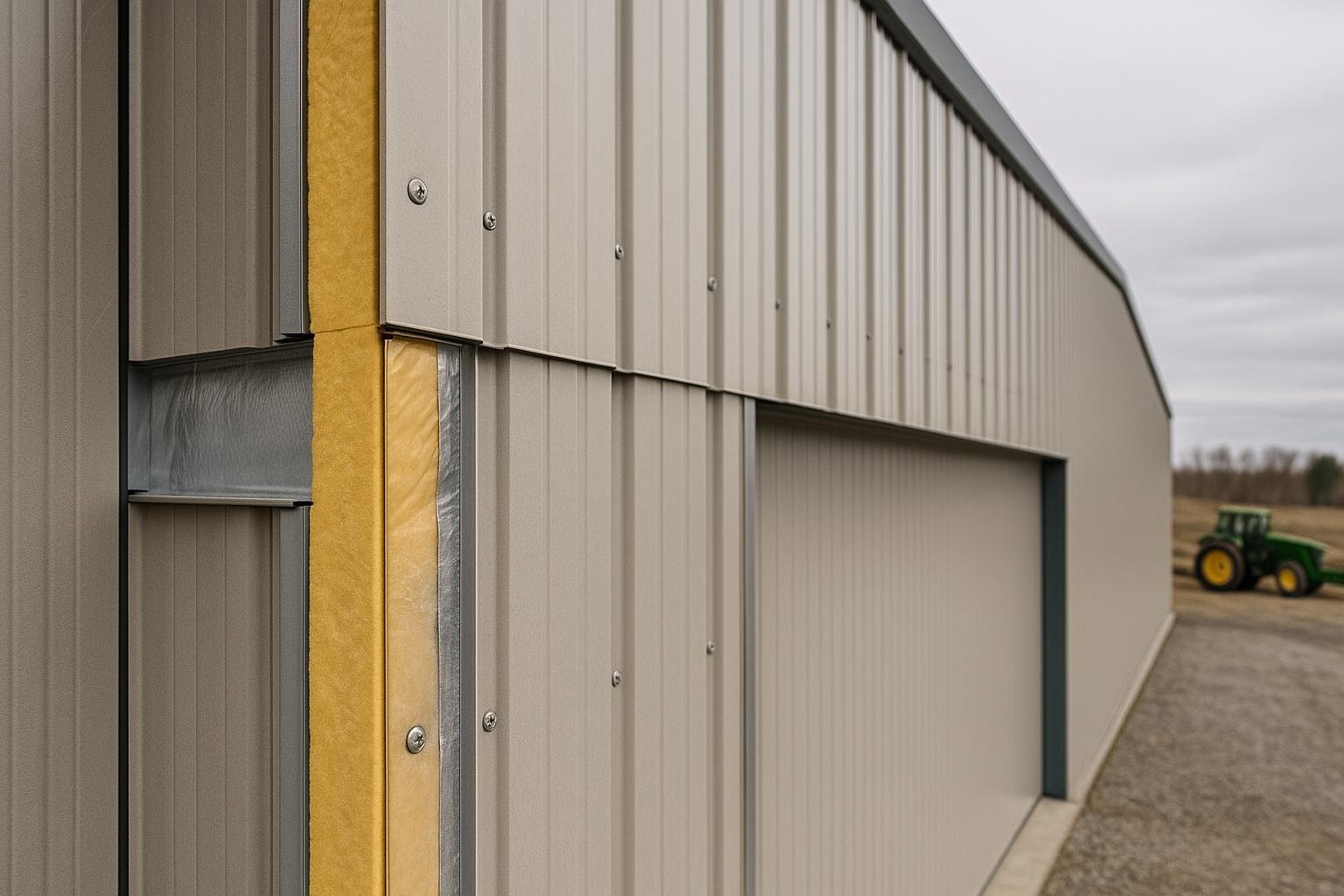 Insulated metal wall panel installation detail on steel building cladding