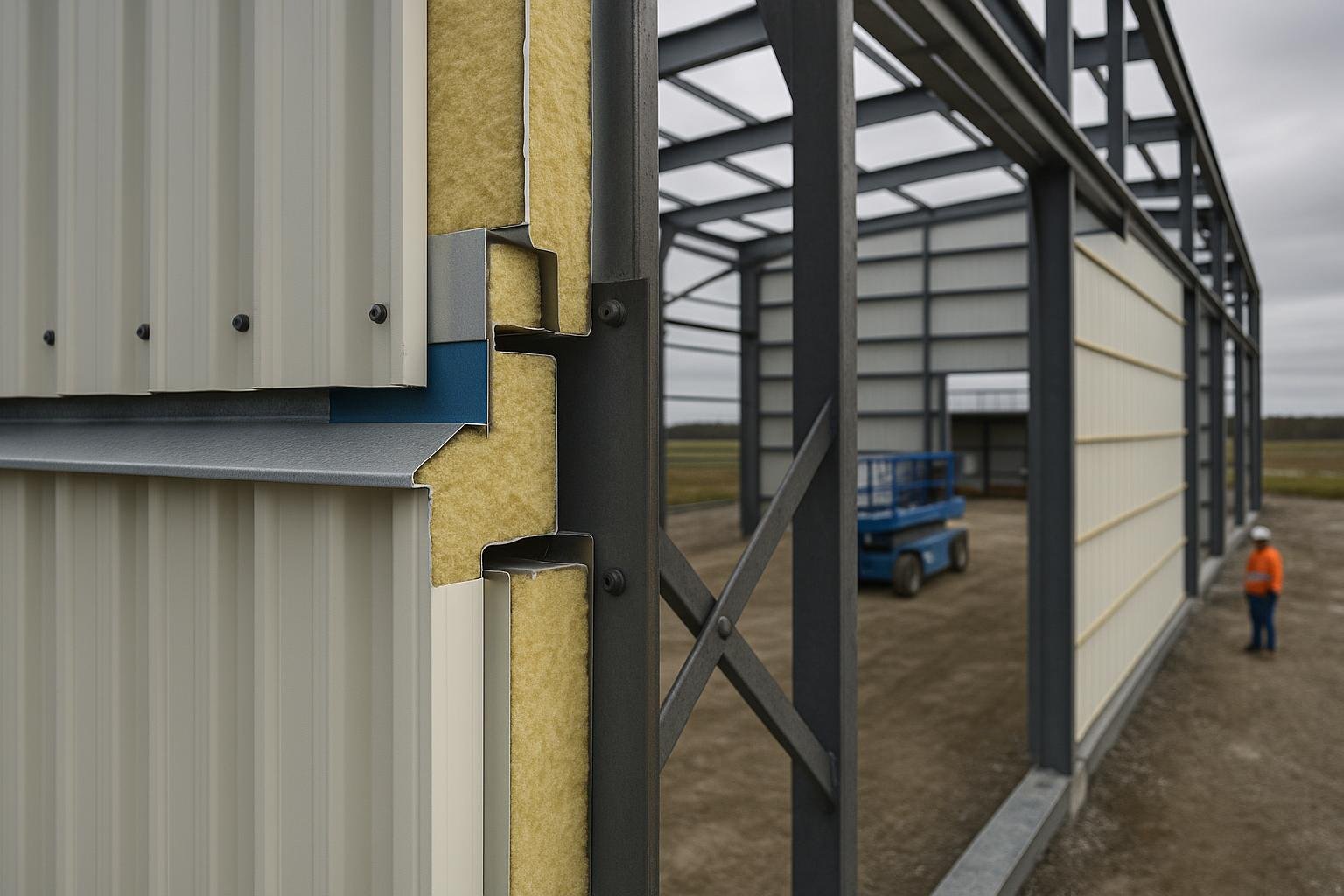 Insulated metal panel installation on steel building wall frame