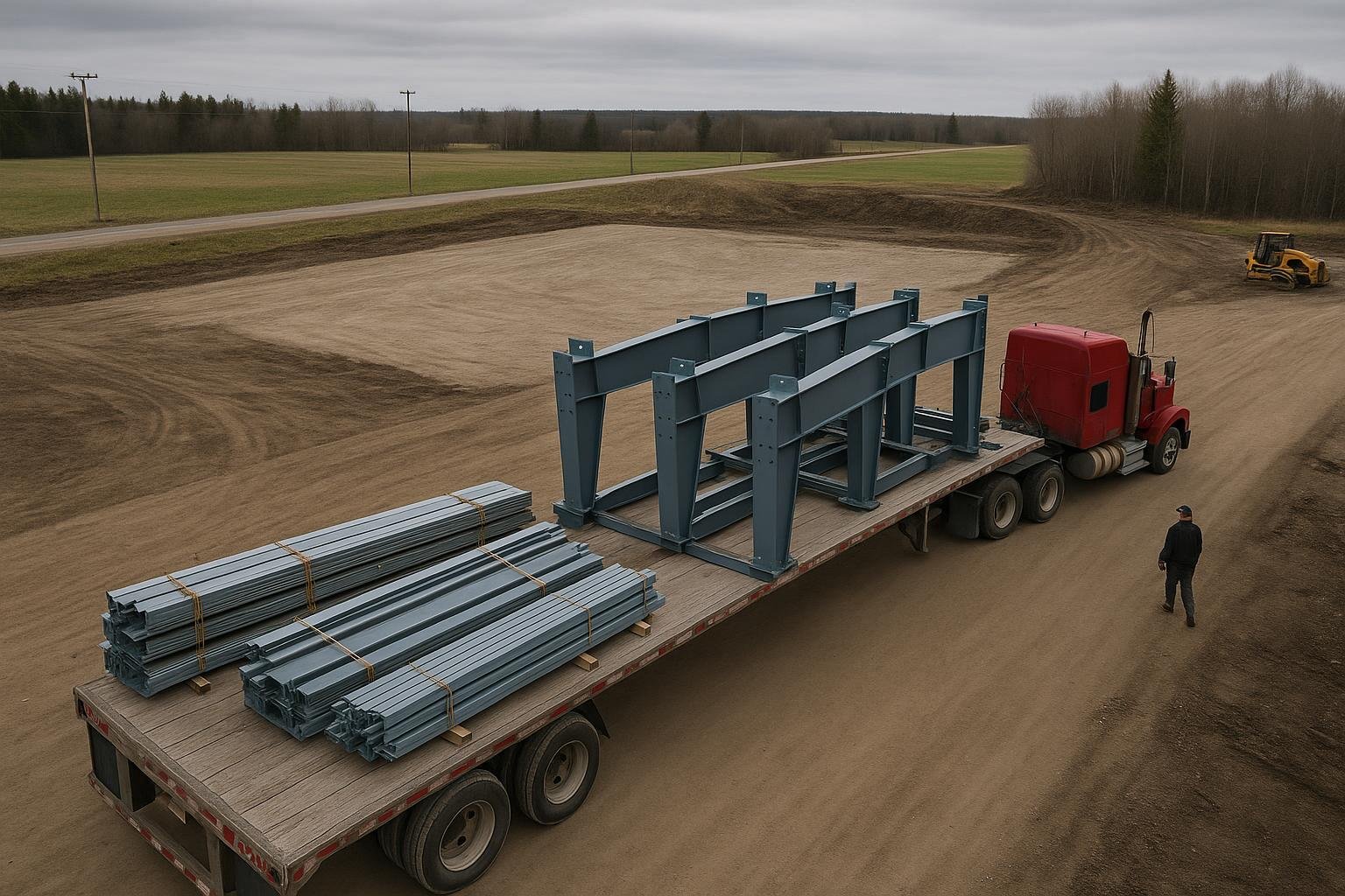 Steel building components delivered on flatbed truck to a Canadian job site