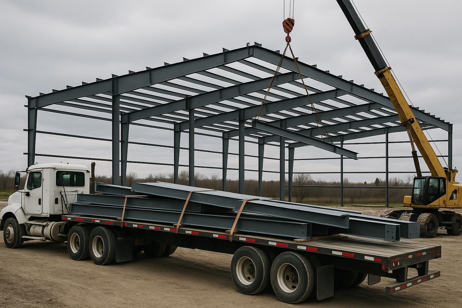 Flatbed truck delivering steel building package components to Ontario construction site